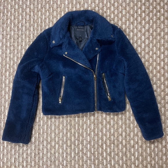 True Religion Faux Fur Moto Jacket S Dark Navy Blue Gold Women’s Sz XS NWOT - Picture 10 of 11